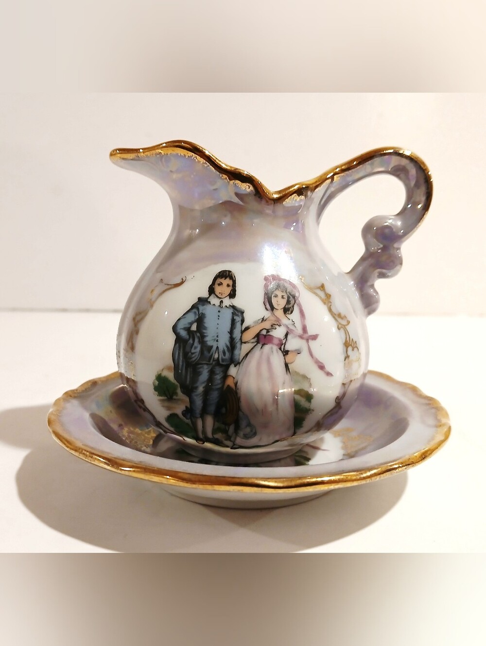 Vintage Porcelain Lilac and Gold Decorative Mini Pitcher with Saucer